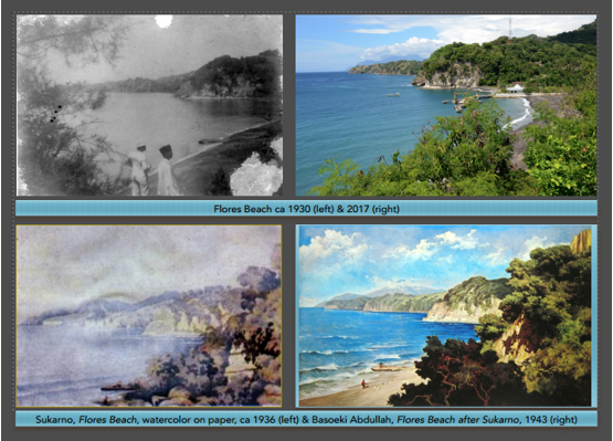 Flores beach old and now (upper). Sukarno’s painting and Basoeki Abdullah’s painting (down). Compilation by Mikke Susanto