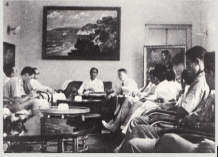 Sukarno during a press conference in Jakarta, 1945. A painting by Basoeki Abdullah is used as a background. (Photo: Bung Karno Foundation)