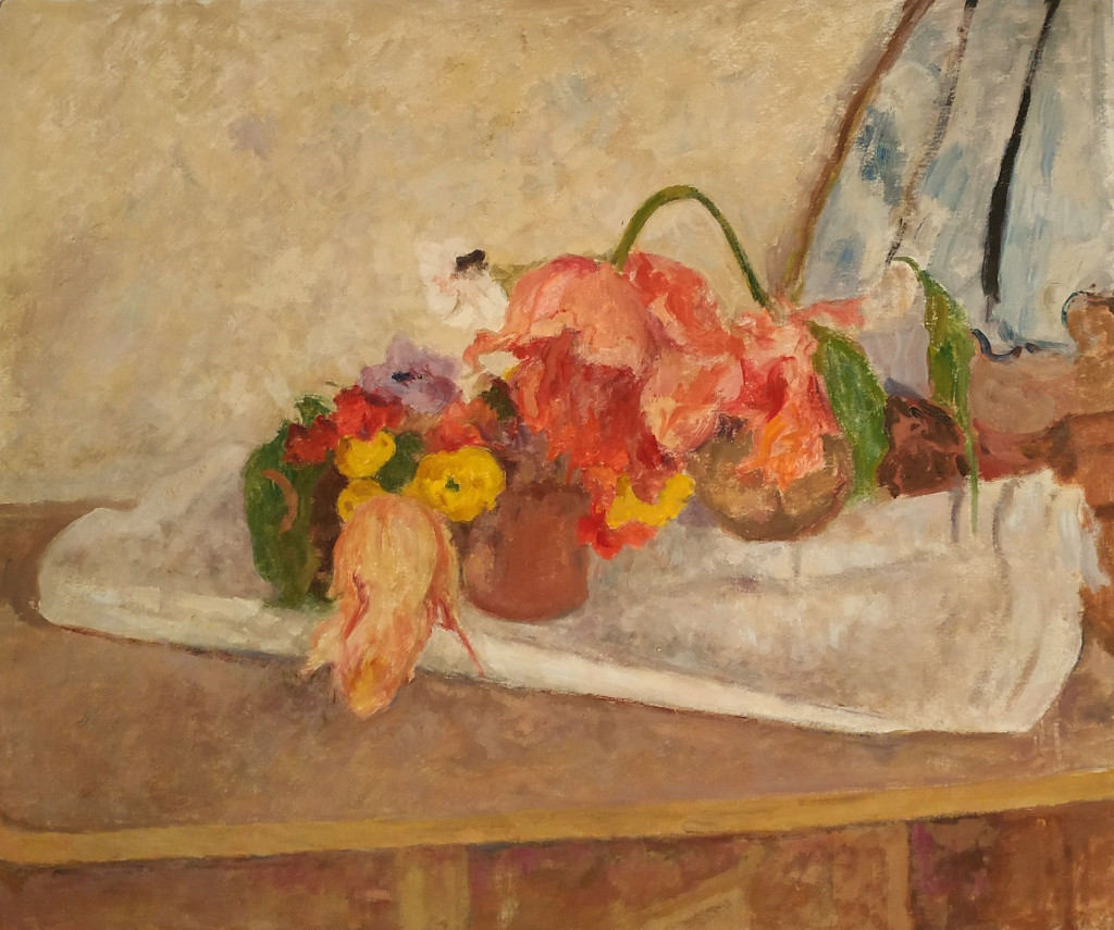 Bé de Waard, Stilleven met bloemen, datering onbekend, olieverf op papier op paneel, particuliere collectie
