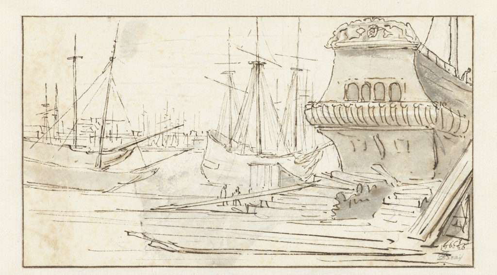 Jan de Bray, ‘Gezicht op scheepswerf te Amsterdam’, 1666. Penseel in grijs, potlood, pen in bruin, inkt, 8.5 × 15.2 cm. Collectie Rijksmuseum. Schenking van mevrouw A.H. Beels van Heemstede-van Loon. Creative Commons 0: publiek domein.