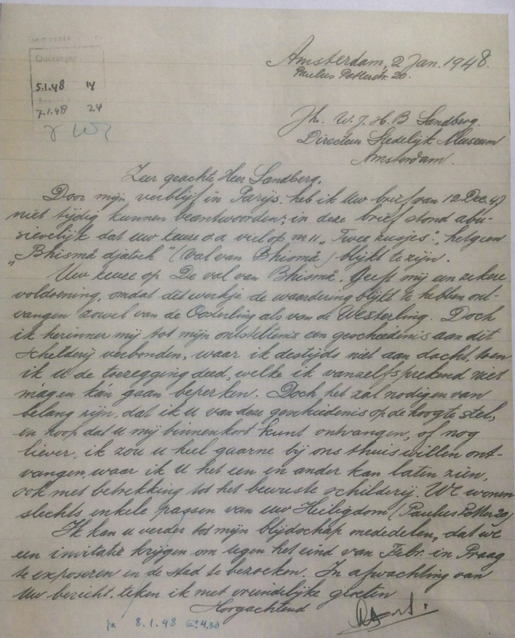 Ill. 4 Letter from Agoes Djaya to Willem Sandberg about the acquisition of the painting Bhisma Djathoeh (Fall of Bhisma), 1948, Stedelijk Museum Amsterdam/Stadsarchief Amsterdam