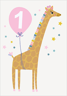 Giraffe Pink Balloon 1st Birthday Card - Giant (A3) - By Funky Pigeon