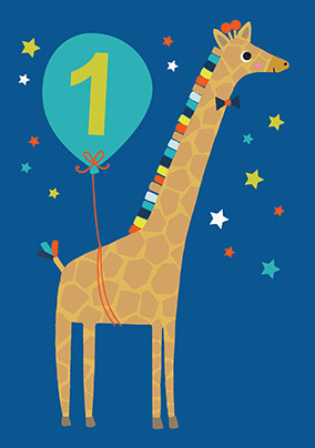 Giraffe Blue Balloon 1st Birthday Card - Giant (A3) - By Funky Pigeon