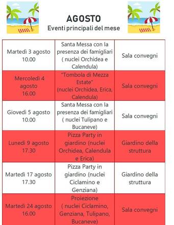 CALENDARIO EVENTI MESE DI AGOSTO