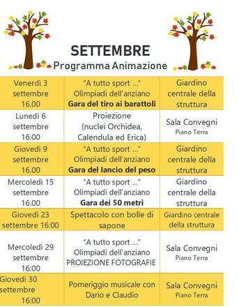 CALENDARIO EVENTI MESE DI SETTEMBRE