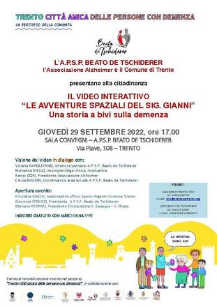 PRESENTAZIONE ALLA CITTADINANZA DEL CARTONE ANIMATO “LE AVVENTURE SPAZIALI DEL SIG. GIANNI” Una storia a bivi sulla demenza
