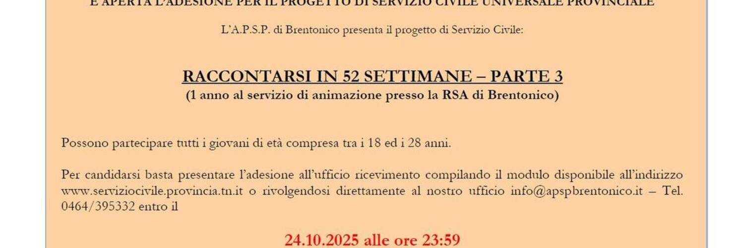 Nuovo progetto di Servizio Civile nel servizio di animazione con candidature fino al 24.10.2025 h. 23:59.