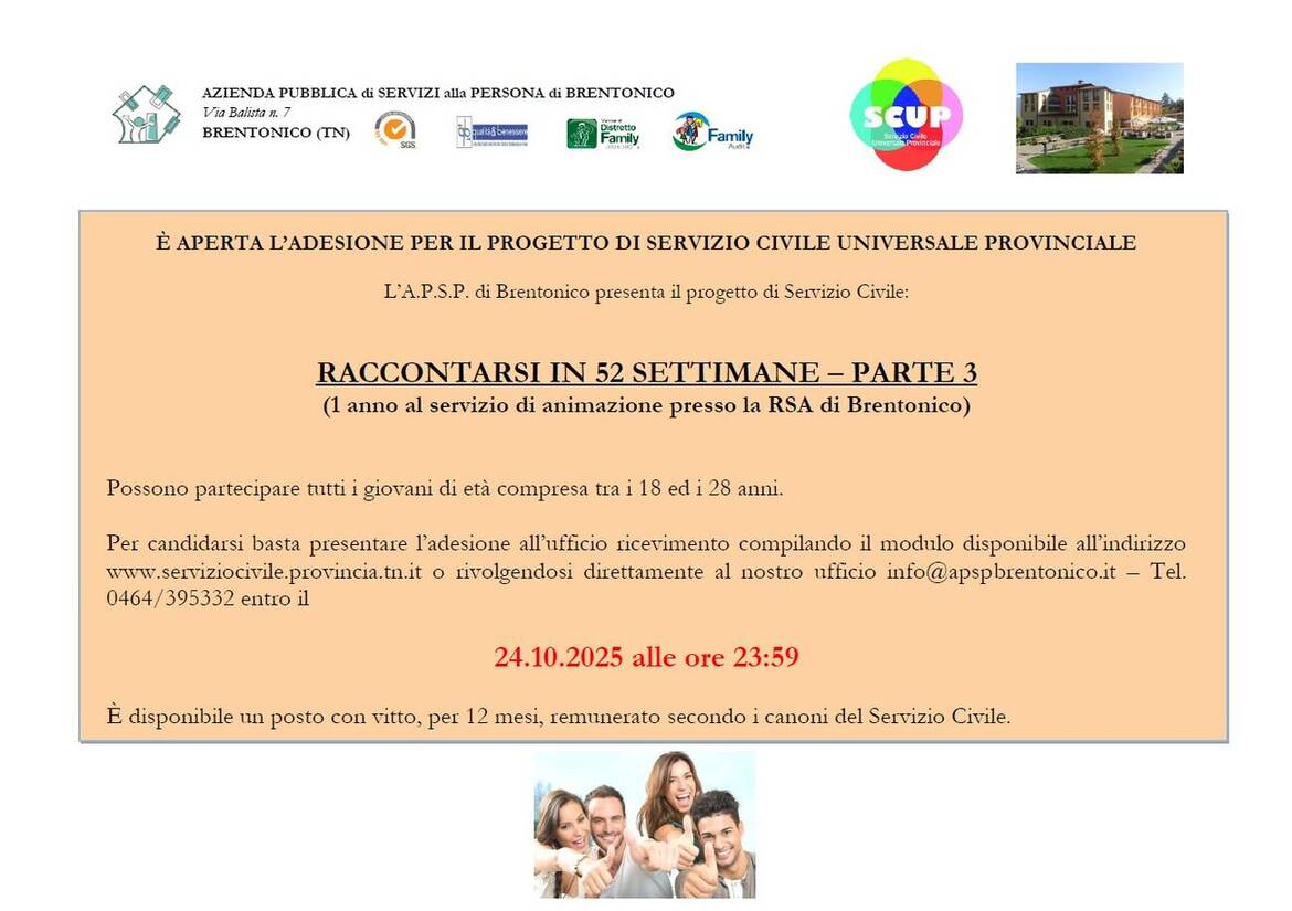Immagine: Nuovo progetto di Servizio Civile nel servizio di animazione con candidature fino al 24.10.2025 h. 23:59.