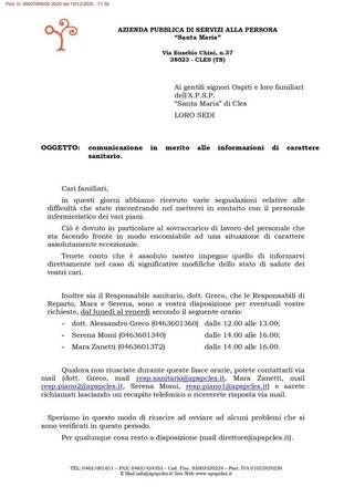 Comunicazione ai familiari in merito ad informazioni di carattere sanitario da dicembre