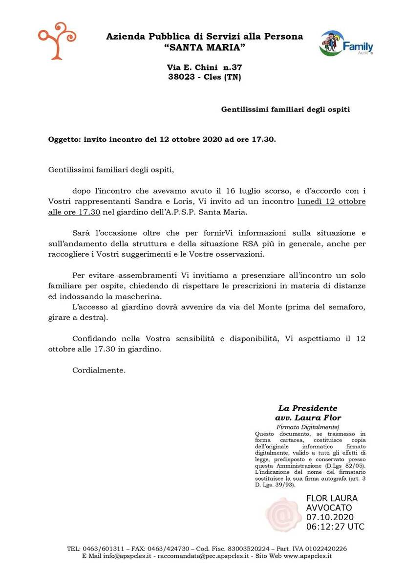 Immagine: Invito incontro del 12 ottobre 2020 ad ore 17.30 rivolto ai familiari degli ospiti