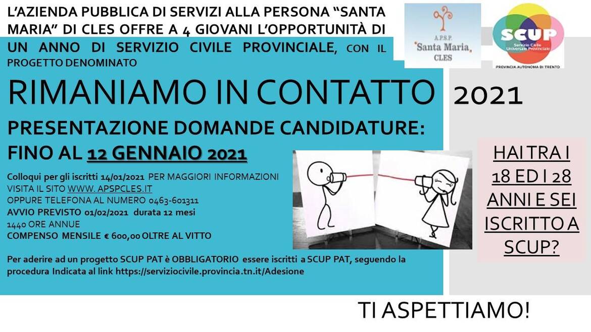 Immagine: Nuovo progetto Servizio civile provinciale Rimaniamo in contatto 2021 scadenza domande il 13/01/2021 