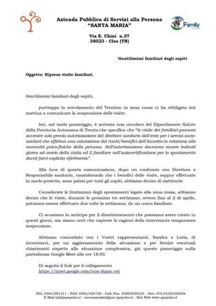 Ripresa visite ed incontro meet con i familari 16 marzo 2021 ore 18.00