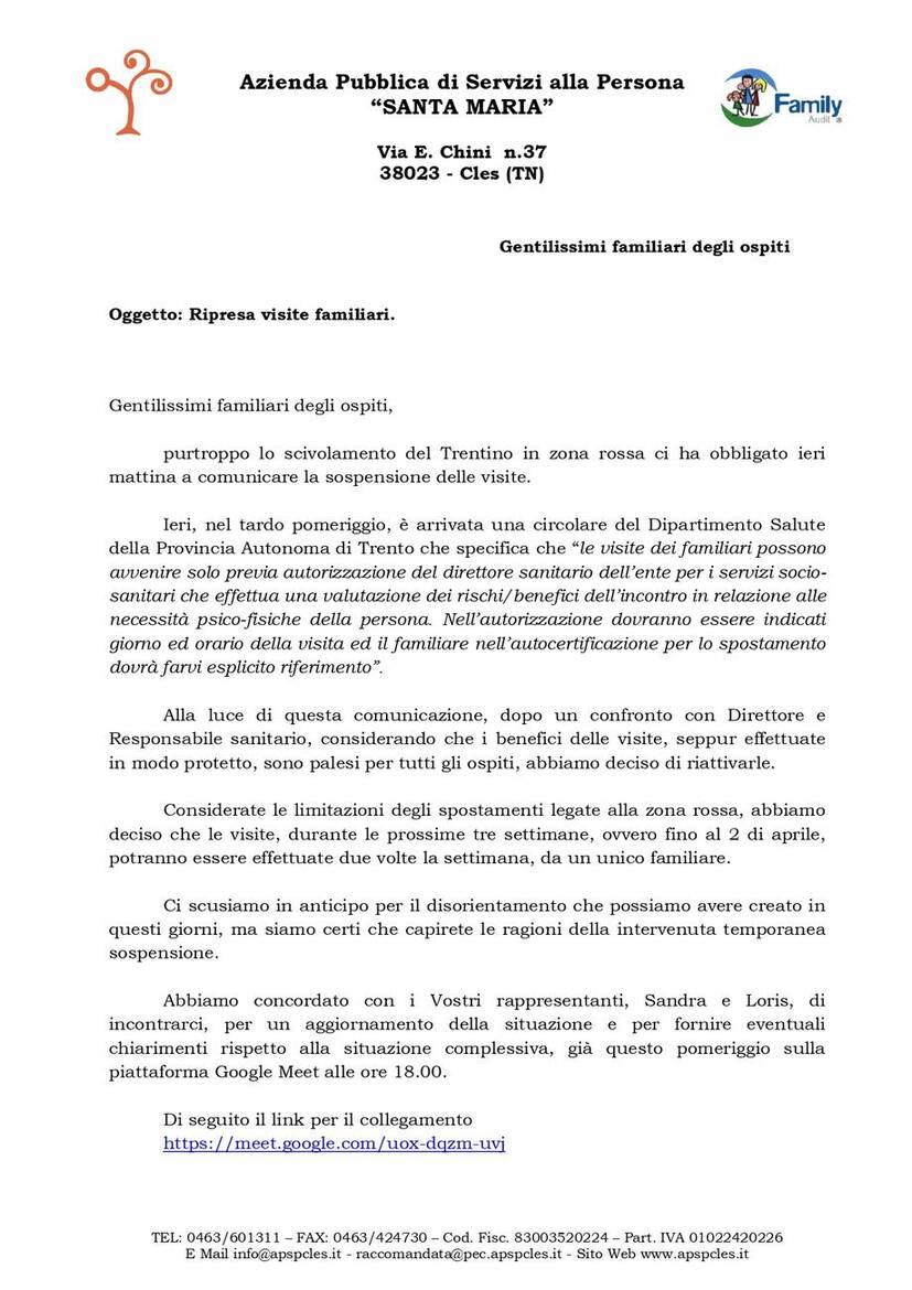 Immagine: Ripresa visite ed incontro meet con i familari 16 marzo 2021 ore 18.00