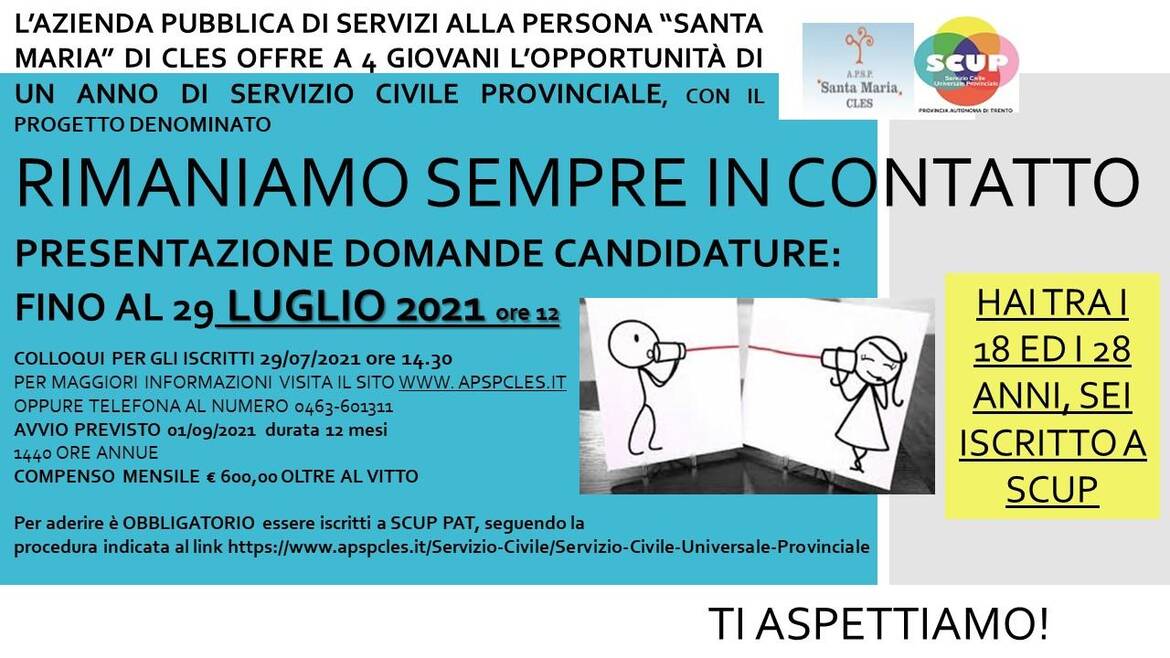 Immagine: SERVIZIO CIVILE ISCRIVITI ENTRO ore 12.00 dd. 29/07/2021 - COLLOQUIO il 29/07/2021 ore 14.30