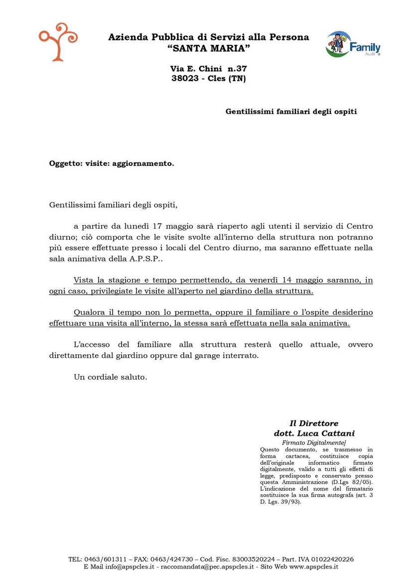 Immagine: Informazioni visite familiari dal 17 maggio 2021