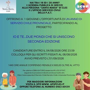 Immagine: 1 posto servizio civile universale provinciale - domande entro il 08/08/2026