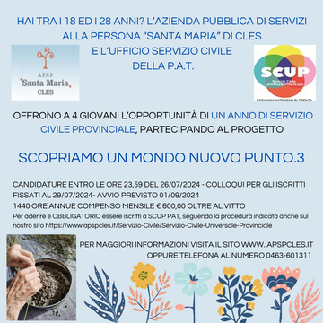 4 POSTI IN SERVIZIO CIVILE PROVINCIALE CANDIDATURE ENTRO IL 26/07/24
