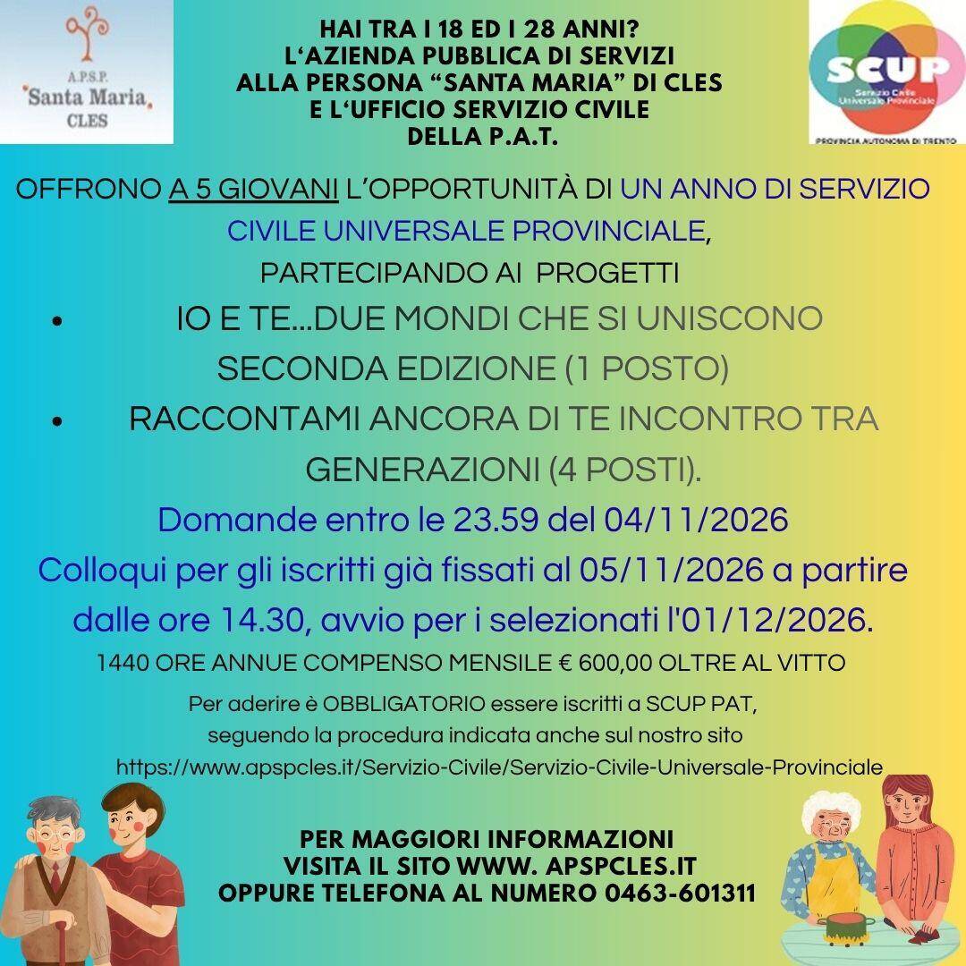 Immagine: 5 posti Servizio Civile Universale Provinciale - candidature entro le 23.59 dd. 04/11/2026