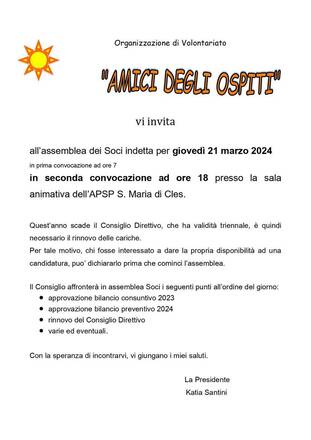 Amici degli ospiti - assemblea dei soci 21/03/2024 ore 18.00
