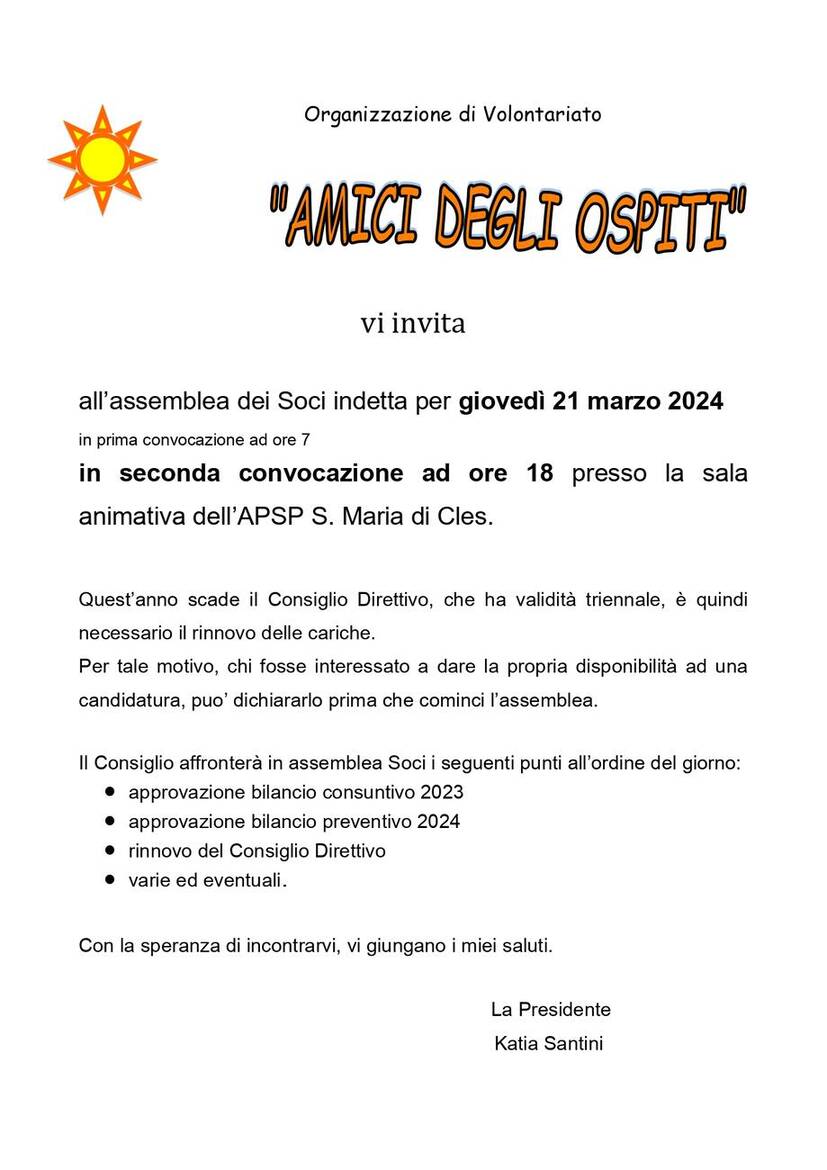 Immagine: Amici degli ospiti - assemblea dei soci 21/03/2024 ore 18.00