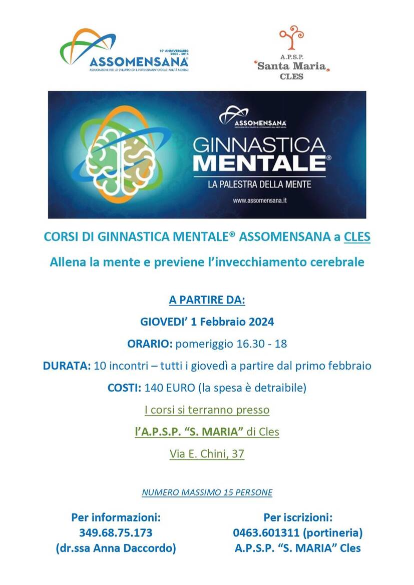 Immagine: CORSI DI GINNASTICA MENTALE® ASSOMENSANA A CLES DALL'1 FEBBRAIO 2024