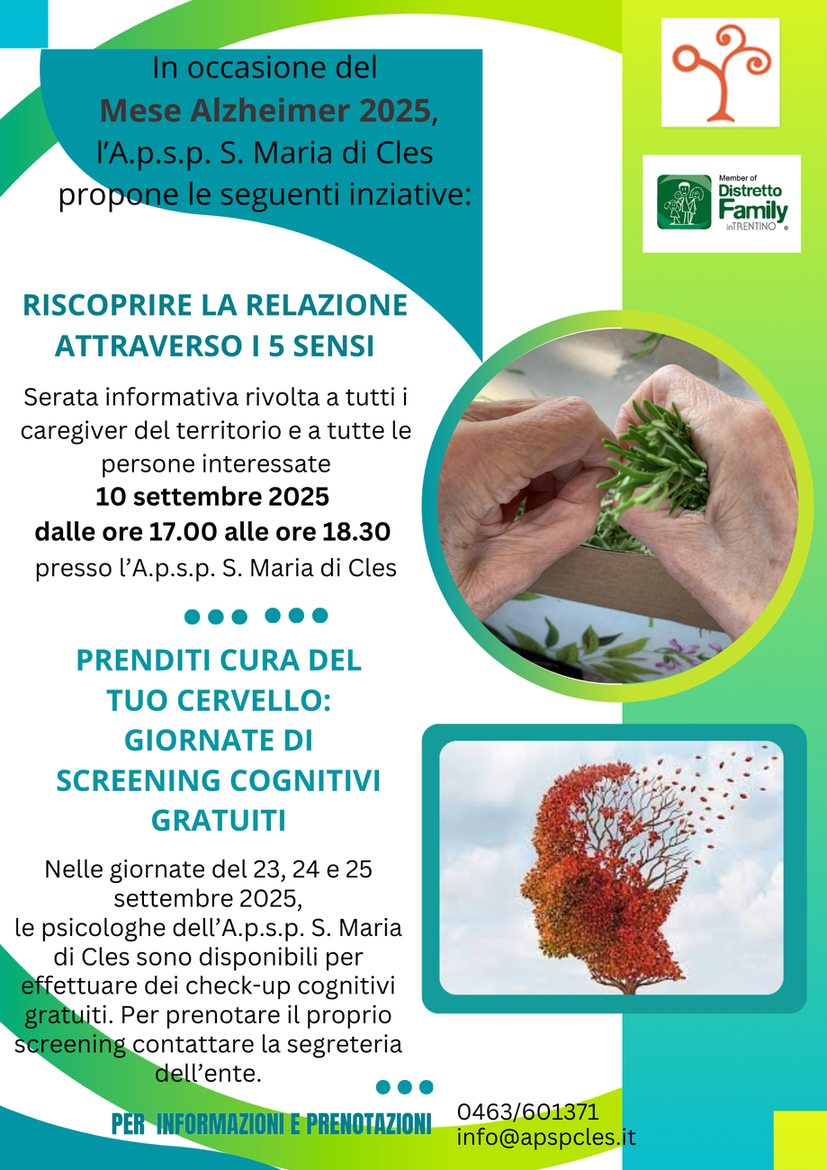 Immagine: Mese Alzheimer 2025 - Riscoprire la relazione attraverso i 5 sensi e Prenditi cura del tuo cervello - giornate di screening cognitivi gratuiti