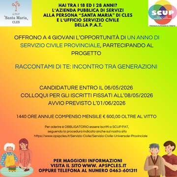 Immagine: Nuovo progetto di servizio civile "RACCONTAMI DI TE: INCONTRO TRA GENERAZIONI" - scadenza domande 06/05/2026 - colloqui 7 maggio ore 11