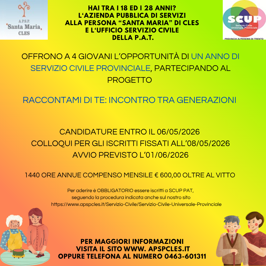 Immagine: Nuovo progetto di servizio civile "RACCONTAMI DI TE: INCONTRO TRA GENERAZIONI" - scadenza domande 06/05/2026 - colloqui 7 maggio ore 11