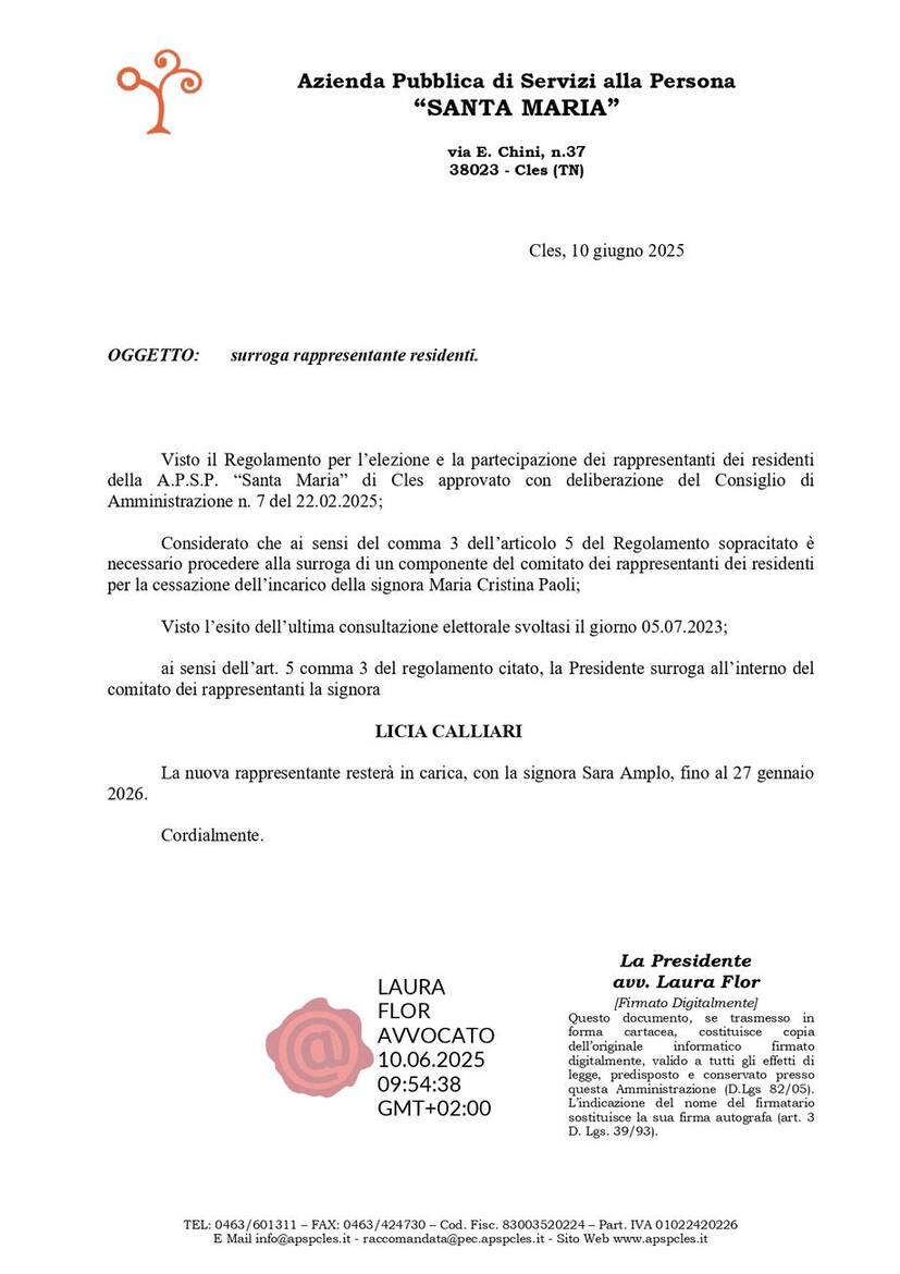 Immagine: Surroga rappresentante dei residenti e dei familiari da giugno