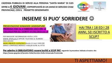 NUOVO PROGETTO SERVIZIO CIVILE INSIEME SI PUO' SORRIDERE - PROROGA SCADENZA 06/02/2023