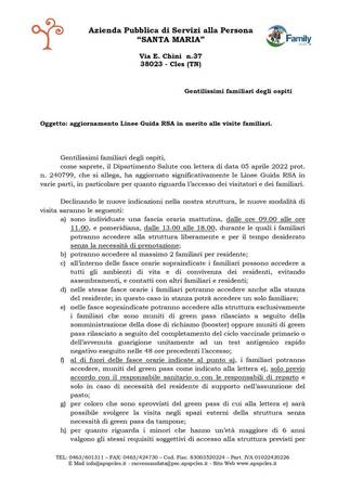 Nuove disposizioni visite familiari dal 21 aprile 2022 