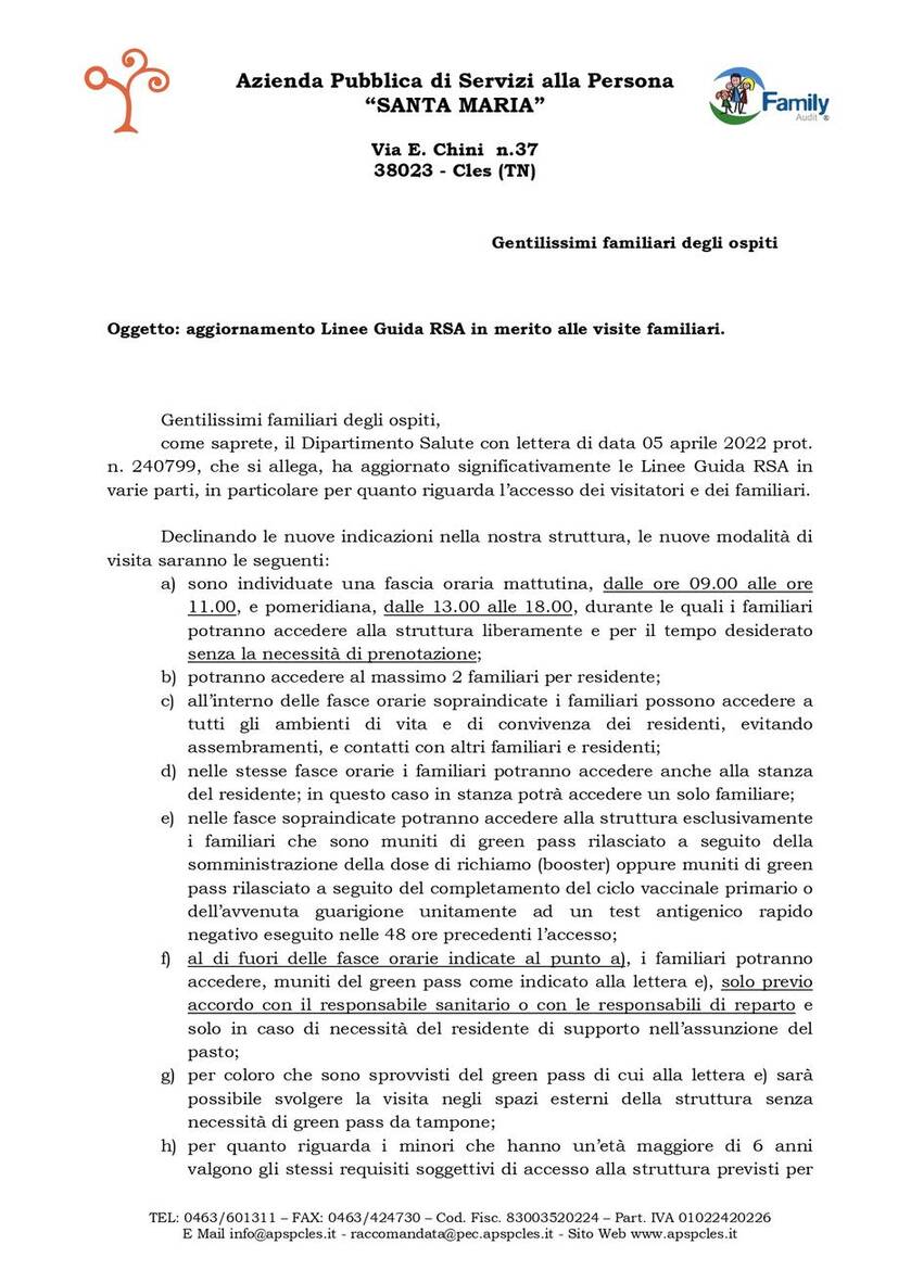Immagine: Nuove disposizioni visite familiari dal 21 aprile 2022 