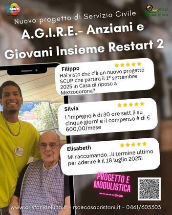 Nuovo progetto di Servizio Civile - SCUP “A.G.I.RE - Anziani e Giovani Insieme Restart.2” Inizio progetto: 01 settembre 2025.