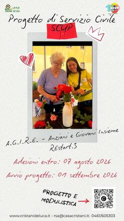 Nuovo progetto di Servizio Civile - SCUP “A.G.I.RE - Anziani e Giovani Insieme Restart.3” Inizio progetto: 01 settembre 2026.