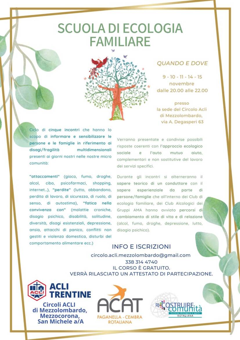 Immagine: LOCANDINA "SCUOLA DI ECOLOGIA FAMILIARE" CICLO DI INCONTRI - COMUNE DI MEZZOLOMBARDO
