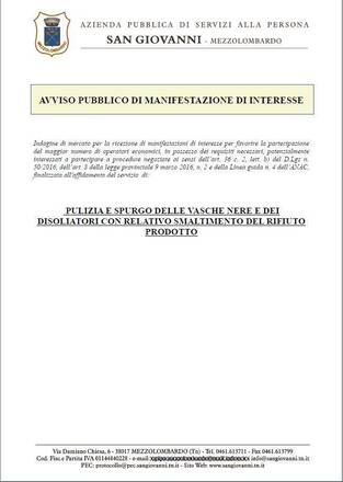 MANIFESTAZIONE DI INTERESSE GARA CONGIUNTA TRA PIU' APSP PER L' AFFIDAMENTO DEL SERVIZIO DI PULIZIA E SPURGO DELLE VASCHE NERE E DEI DISOLIATORI CO... MANIFESTAZIONE DI INTERESSE GARA CONGIUNTA TRA PIU' APSP PER L' AFFIDAMENTO DEL SERVIZIO DI PULIZIA E SPURGO DELLE VASCHE NERE E DEI DISOLIATORI CO...