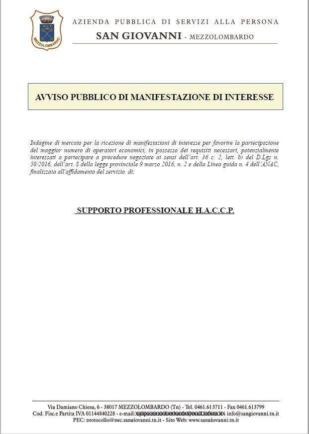 Immagine: MANIFESTAZIONE DI INTERESSE GARA CONGIUNTA TRA PIU' APSP PER L'AFFIDAMENTO DEL SERVIZIO DI SUPPORTO PROFESSIONALE H.A.C.C.P.
