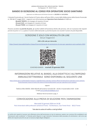 A.P.S.S. - BANDO DI ISCRIZIONE AL CORSO PER OPERATORE SOCIO SANITARIO