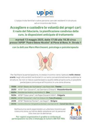 L’Upipa invita familiari e altre persone care dei residenti in struttura all'incontro di martedì 13 maggio 2025, dalle 17.00 alle 18.30 circa press...