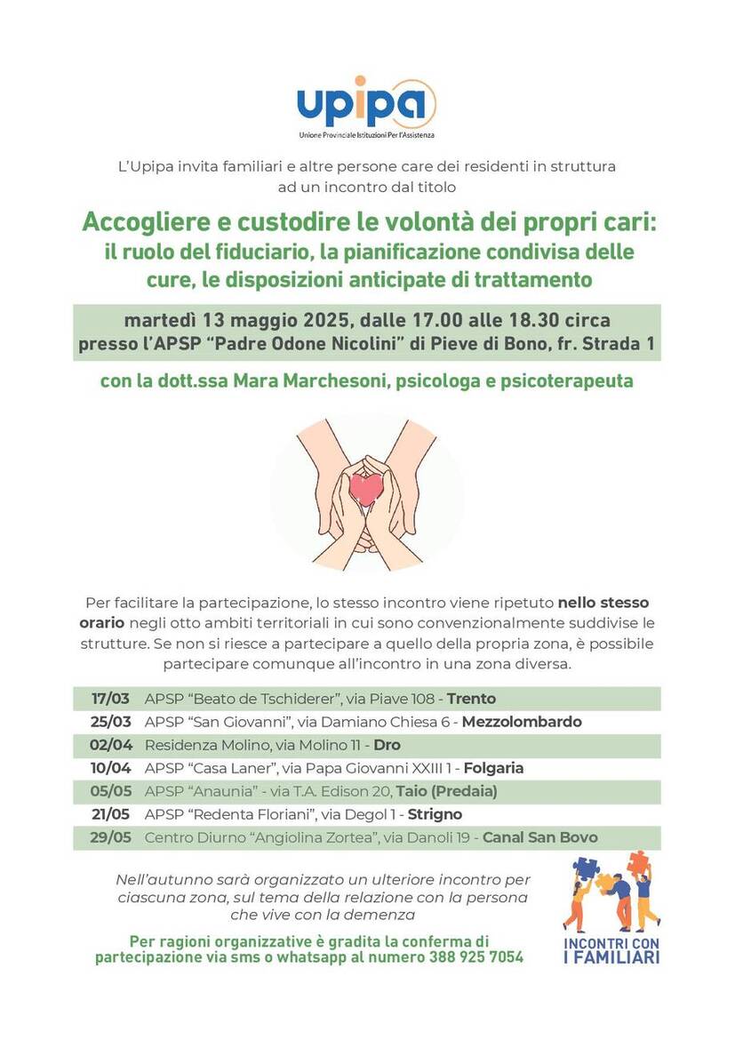 Immagine: L’Upipa invita familiari e altre persone care dei residenti in struttura all'incontro di martedì 13 maggio 2025, dalle 17.00 alle 18.30 circa press...