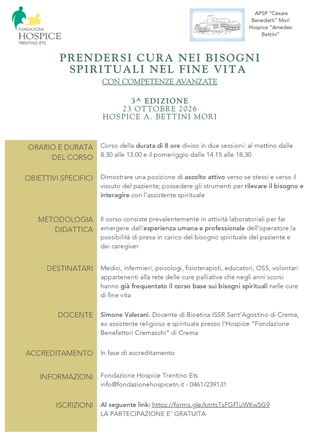 Immagine: APSP “Cesare Benedetti” di Mori (TN) e Hospice “Amedeo Bettini” di Mori (TN) PRENDERSI CURA NEI BISOGNI SPIRITUALI NEL FINE VITA 23 OTTOBRE 2026