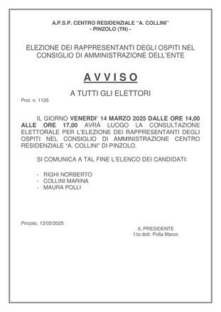 ELEZIONE DEI RAPPRESENTANTI DEGLI OSPITI NEL CONSIGLIO DI AMMINISTRAZIONE DELL’ENTE 