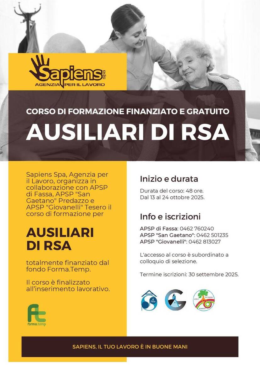 CORSO DI FORMAZIONE FINANZIATO E GRATUITO AUSILIARI DI RSA
