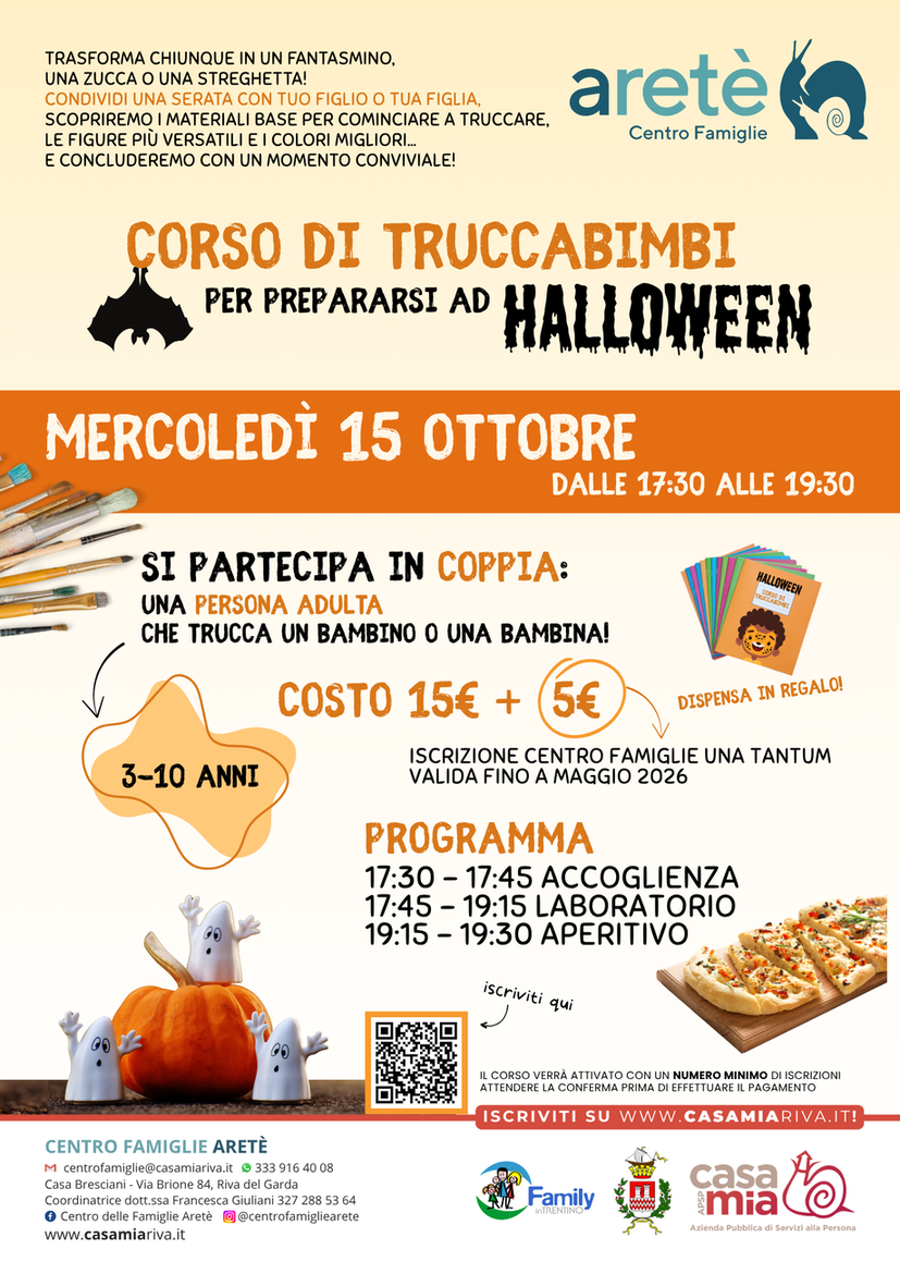 🎃 *Halloween* si avvicina… è il momento di prepararsi! Hai già pensato ai costumi? E al *trucco* da abbinare? Vieni a imparare qualche idea per trasformare chiunque in un fantasmino, una zucca o una streghetta! *Condividi una serata con tuo figlio o tua figlia* , ci divertiremo insieme, scopriremo i materiali base per cominciare a truccare, le figure più versatili e i colori migliori… e concluderemo con un momento conviviale! Pensi che non riuscirai a ricordarti tutto? Non ti preoccupare: Fabiano ha preparato una *dispensa illustrata* per ogni partecipante! _Il corso è rivolto a persone adulte accompagnate da un bambino o una bambina (3-10 anni). La partecipazione costa a coppia 15€ + 5€ di iscrizione stagionale al Centro Famiglie Aretè valida fino a maggio 2026._ Il materiale da utilizzare durante il corso è fornito dal Centro Famiglie. Al termine dell'incontro è previsto un momento conviviale con bibite e stuzzichini.