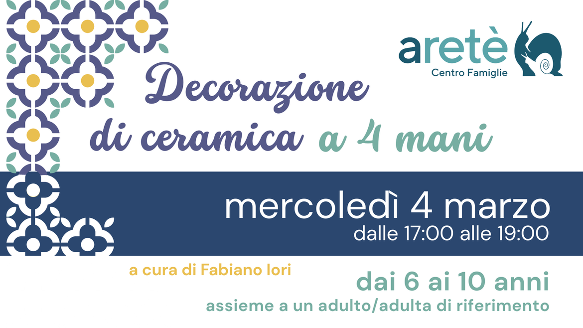 Nel laboratorio del Centro Famiglie Aretè questa volta di decora la ceramica! Scopriremo insieme materiali e tecniche speciali per colorare oggetti in argilla: condividi questo momento creativo con tuə figliə e collaborate nella decorazione di sottobicchieri fatti a mano, per dare un tocco di colore alla vostra casa e fissare nel tempo la preziosità di questo tempo insieme. I sottobicchieri potranno essere ritirati nelle settimane successive al completamento del processo di asciugatura e cottura.
