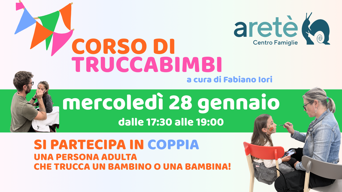 Mancano solo poche settimane a Carnevale… è il momento di scegliere il costume, ma se quest’anno puntassi tutto sul trucco? Condividi una serata con tuo figlio o tua figlia, ci divertiremo insieme, scopriremo i materiali base per cominciare a truccare, le figure più versatili e i colori migliori… e concluderemo con un momento conviviale 🥳 Pensi che non riuscirai a ricordarti tutto? Non ti preoccupare: Fabiano ha preparato una dispensa illustrata per ogni partecipante! Iscrizioni https://iscrizioni.casamiariva.it/attivita/328 Corso di truccabimbi di carnevale per adulti e adulte con bambino o bambina dai 3 ai 10 anni (dal 1° anno di Scuola dell’Infanzia alla 5° SP). Mercoledì 28 gennaio dalle 17:15 alle 19:15 Costo a coppia: 10 € + 5 € iscrizione una tantum al Centro Famiglie Aretè 