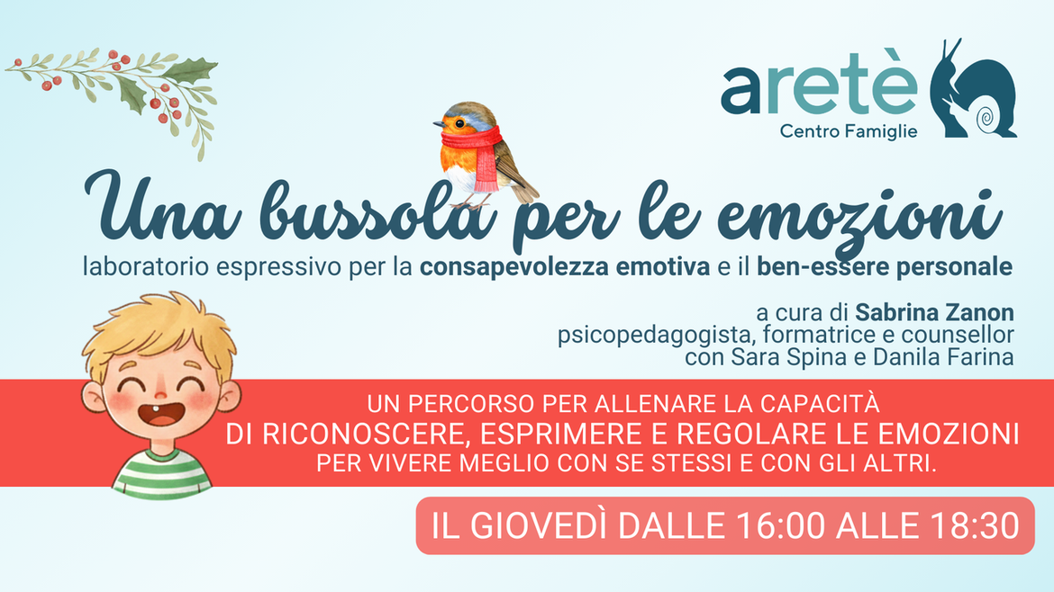 Torna anche per quest’anno il laboratorio “Una bussola per le emozioni” a cura della dott.ssa Sabrina Zanon, psicopedagogista, formatrice e counsellor, consulente pedagogica del progetto “Io ti ascolto”. Durante gli incontri le educatrici del Centro Famiglie Aretè propongono un percorso alla scoperta delle emozioni, tra storie raccontate e riflessioni sui vissuti, esercizi di rilassamento, attività creative e di sostegno all’autoregolazione emotiva. Per i genitori sono riservati due momenti speciali di confronto con la psicopedagogista, il primo giovedì per la presentazione del percorso e l’ultimo giovedì per la restituzione di quanto emerso. 