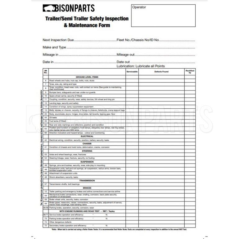 TRAILER & SEMI TRAILER INSPECTION & MAINTENANCE PAD