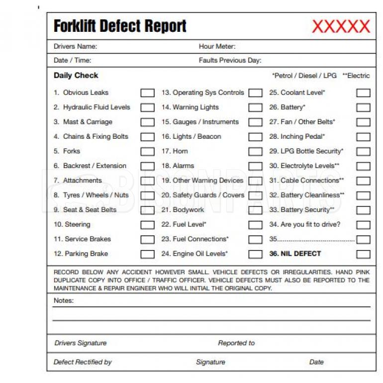 50 PAGE FORK LIFT TRUCK DAILY CHECK & DEFECT BOOKS (PKT 10)