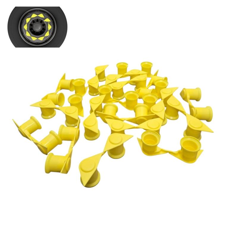 YELLOW DOUBLE POINT TWIN WHEEL NUT COVER INDICATORS 32MM (PKT 20)